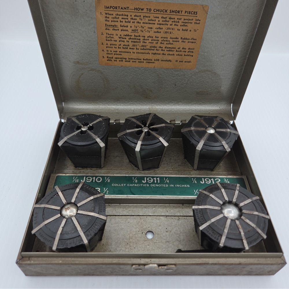 Jacobs Rubber Flex Collets J910-J914 Set Vintage Metal Case USA Made